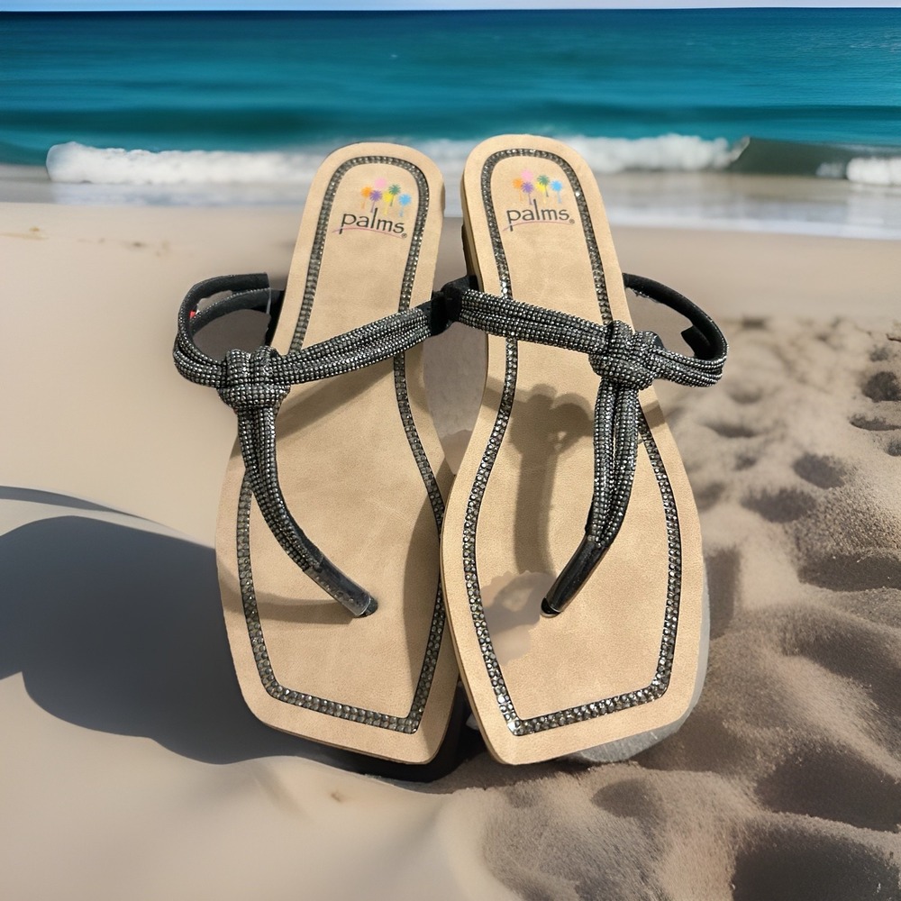 Palms Womens Sandals Size 7 Black Square Toe Bedazzled Flat New with tags